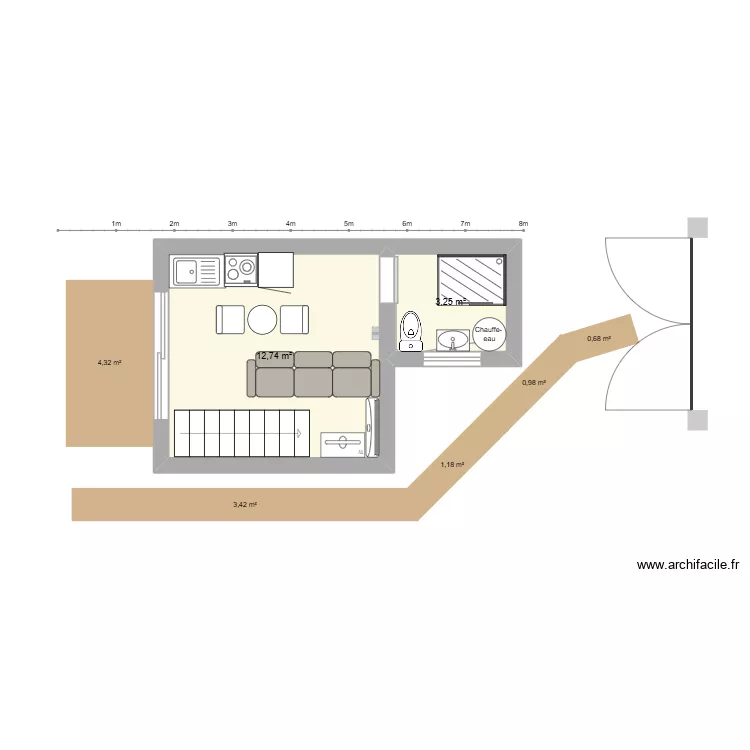 beinhein. Plan de 2 Pièces et 16 m²