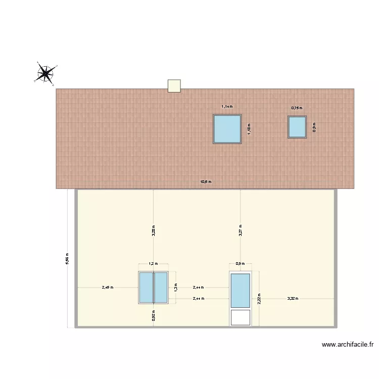 fa&ccedil;ade cot&eacute; Jardin. Plan de 1  et 57 m²