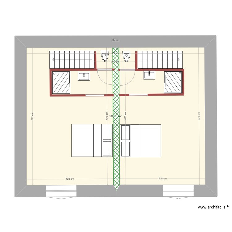 Plan étage avec esclier bifurqué sans garage. Plan de 1 pièce et 56 m2