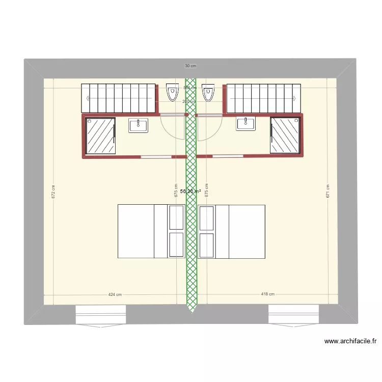 Plan &eacute;tage avec esclier bifurqu&eacute; sans garage. Plan de 