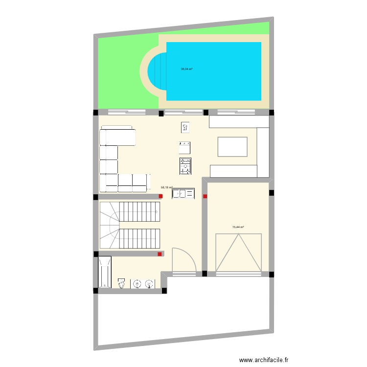 rdc. Plan de 3 pièces et 112 m2