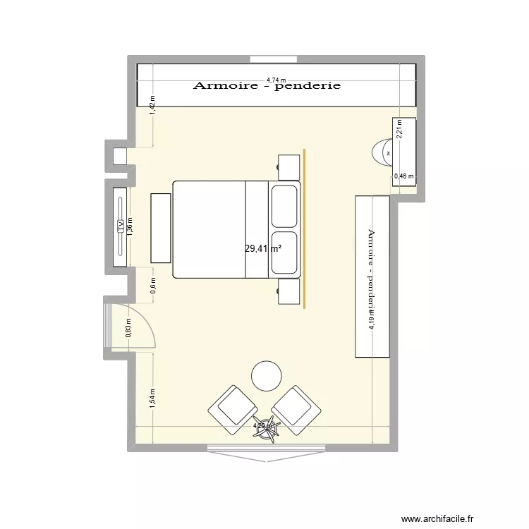 Chambre V2. Plan de 1  et 29 m²