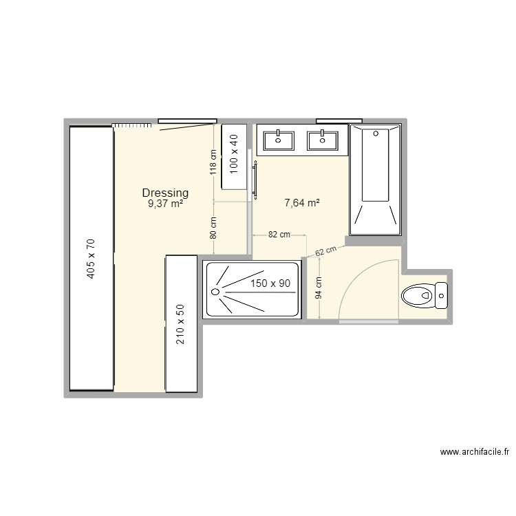 Projet SDB-dressing. Plan de 6 pièces et 51 m2