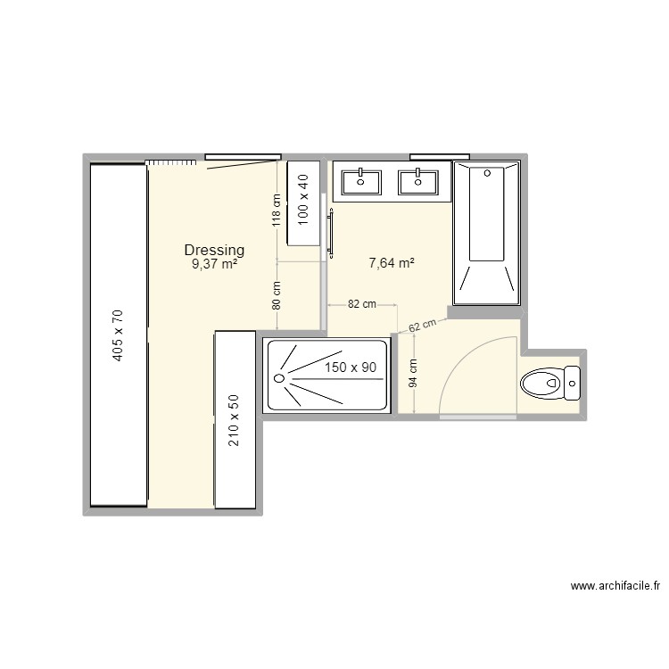 Projet SDB-dressing. Plan de 6 pièces et 51 m2