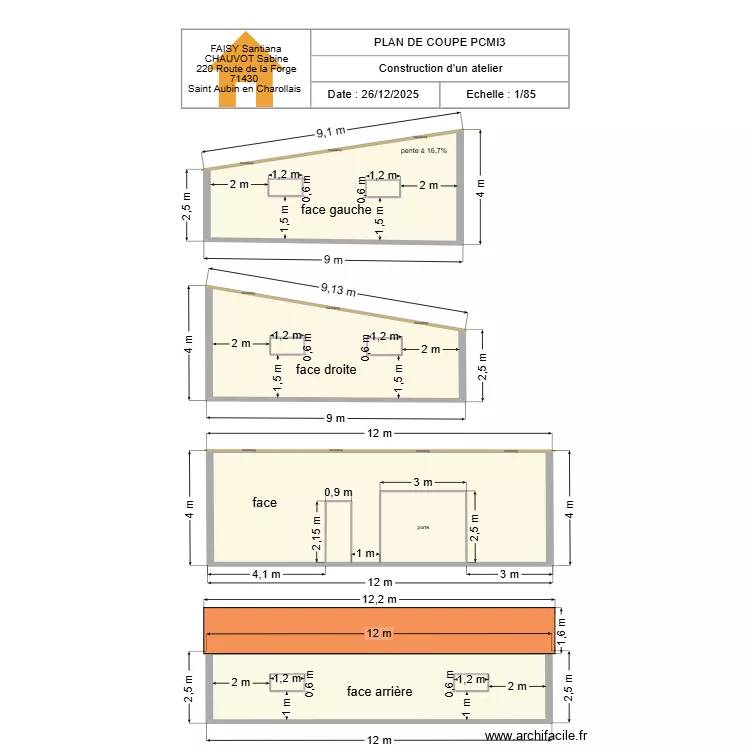 plan de coupe atelier 6. Plan de 12  et 129 m²