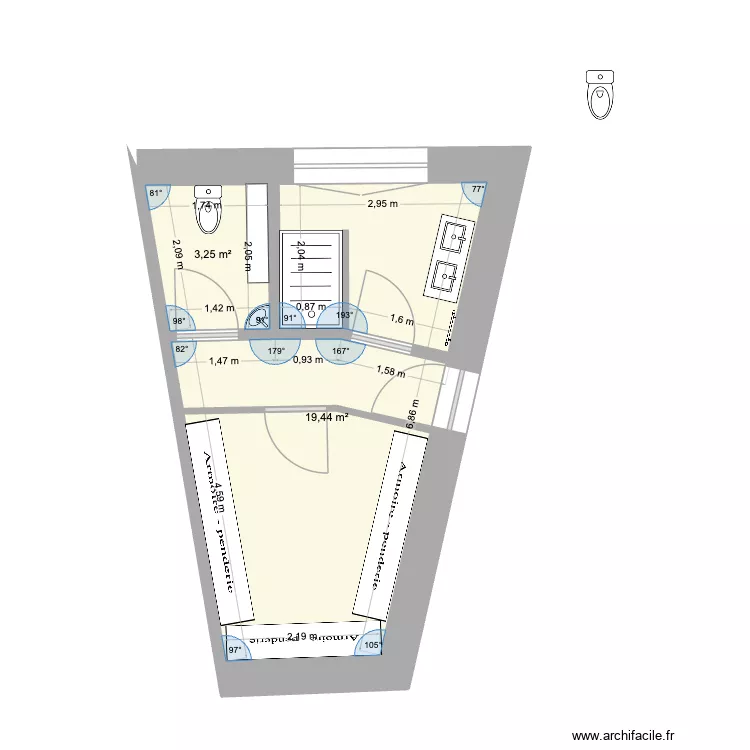 Partie sous mezzanine. Plan de 2  et 23 m²