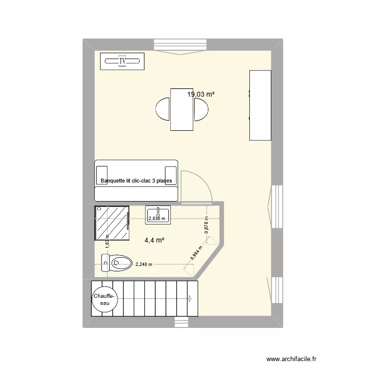 28 Quai CDG appart n&deg;4 . 3&egrave; &eacute;tage. Plan de 2  et 23 m²