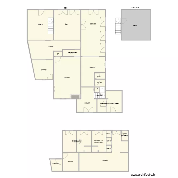 hotel moquais rdc am. Plan de 23  et 225 m²