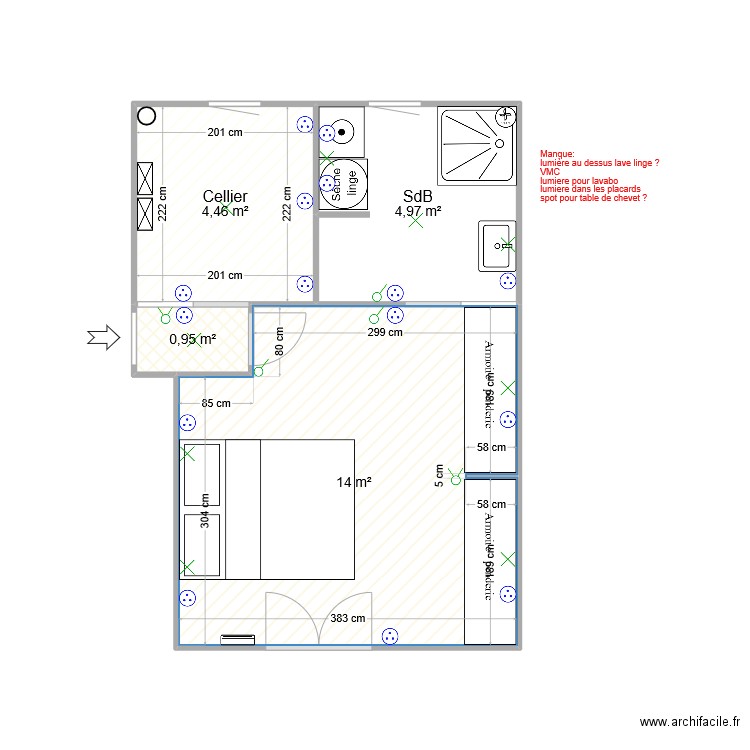 Chambre avec dressing. Plan de 4 pièces et 24 m2