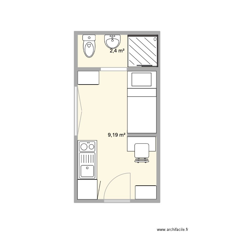 Studio. Plan de 2 pièces et 12 m2