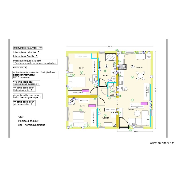 Pibrac Projet Elec & disposit° 1. Plan de 3 pièces et 69 m2