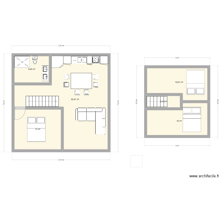 maison 60 m² à étages façon jumelé. Plan de 6 pièces et 71 m2