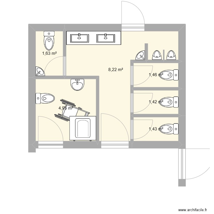 WC salle de reception. Plan de 6 pièces et 19 m2