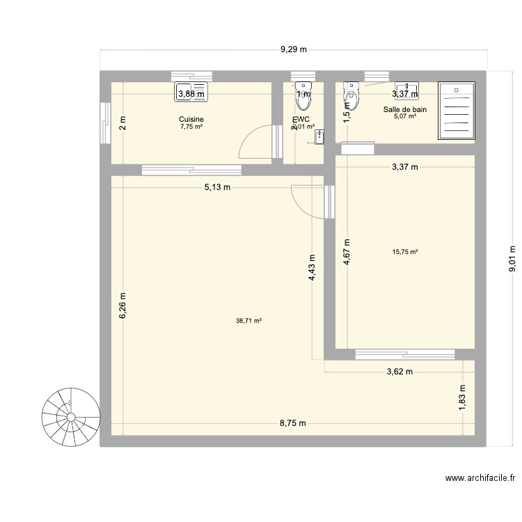 RdC. Plan de 11 pièces et 136 m2