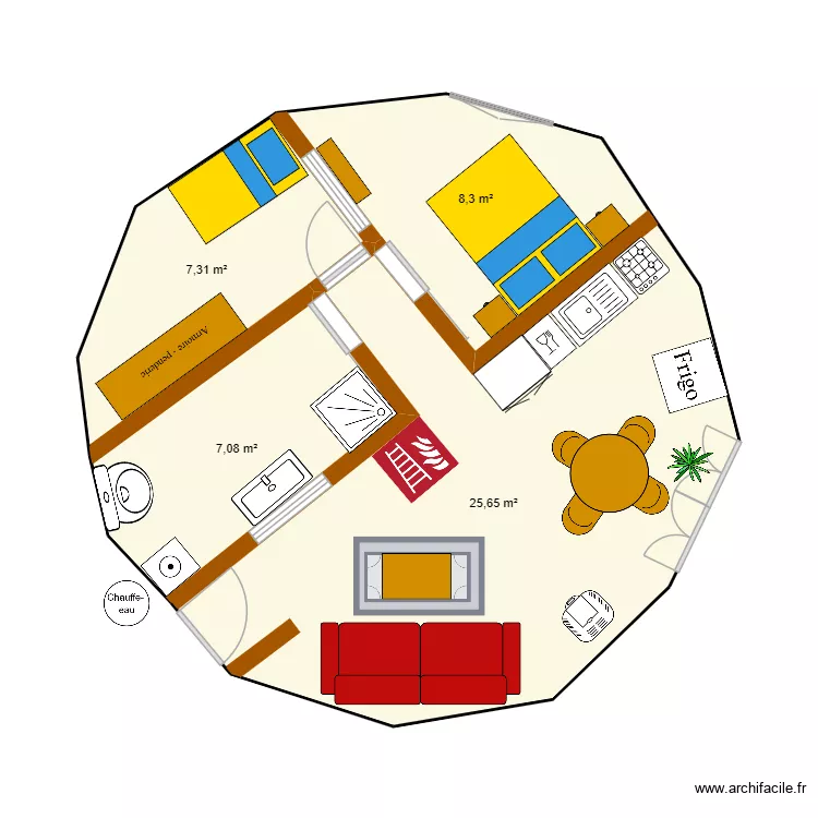 Yourte 2. Plan de 4  et 48 m²