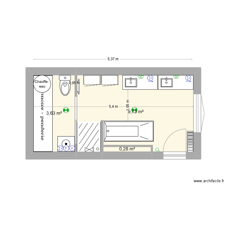 sdb paradis V11. Plan de 3 pièces et 14 m2