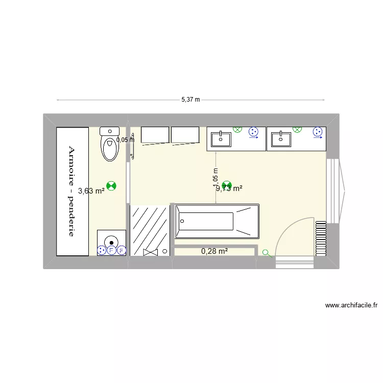sdb paradis V11. Plan de 3 pièces et 14 m²