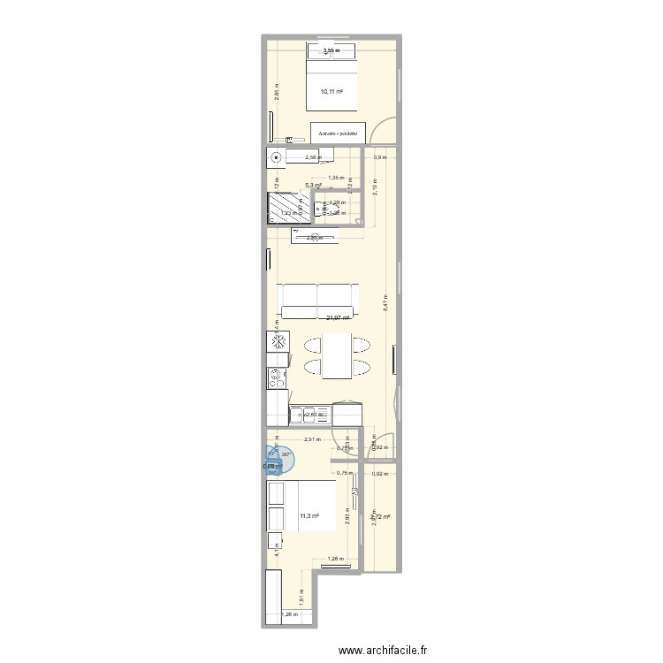 t3 en r+1 bis. Plan de 6 pièces et 51 m2