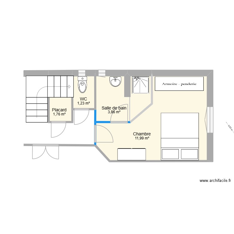 Toby et Chloé V1 sb+chambre. Plan de 4 pièces et 19 m2