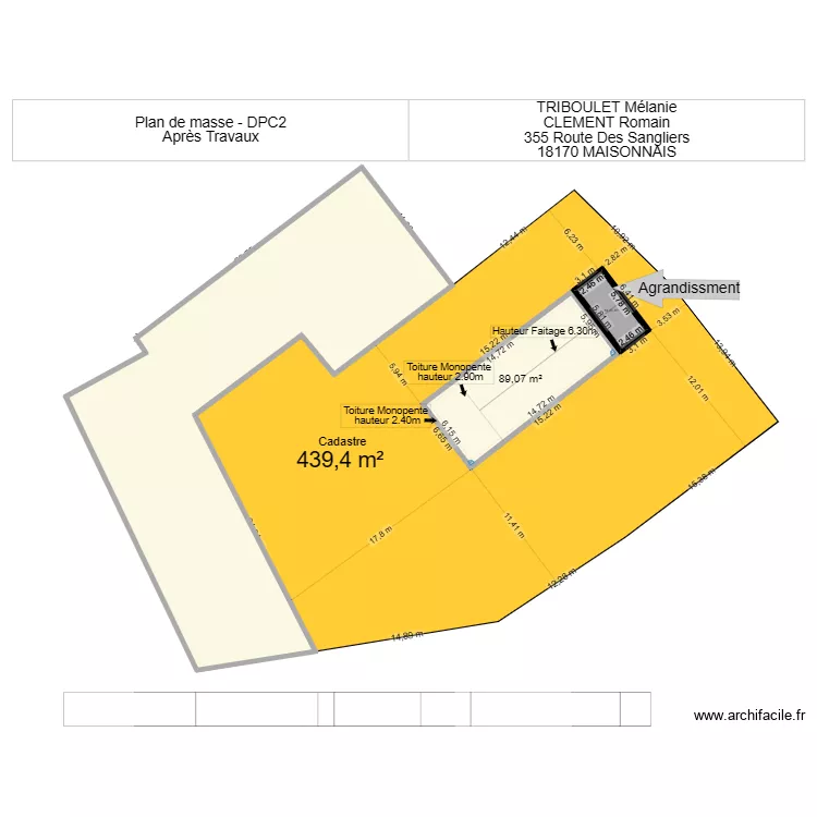 AGRANDISSEMENT. Plan de 3  et 543 m²