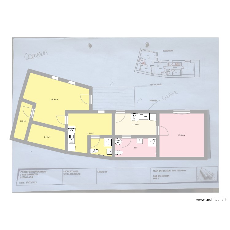 Rez de Jardin Gambetta. Plan de 7 pièces et 67 m2
