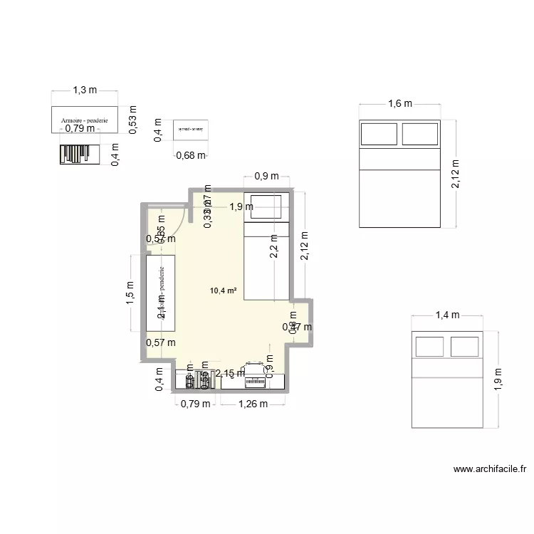 Chambre L2. Plan de 1  et 10 m²