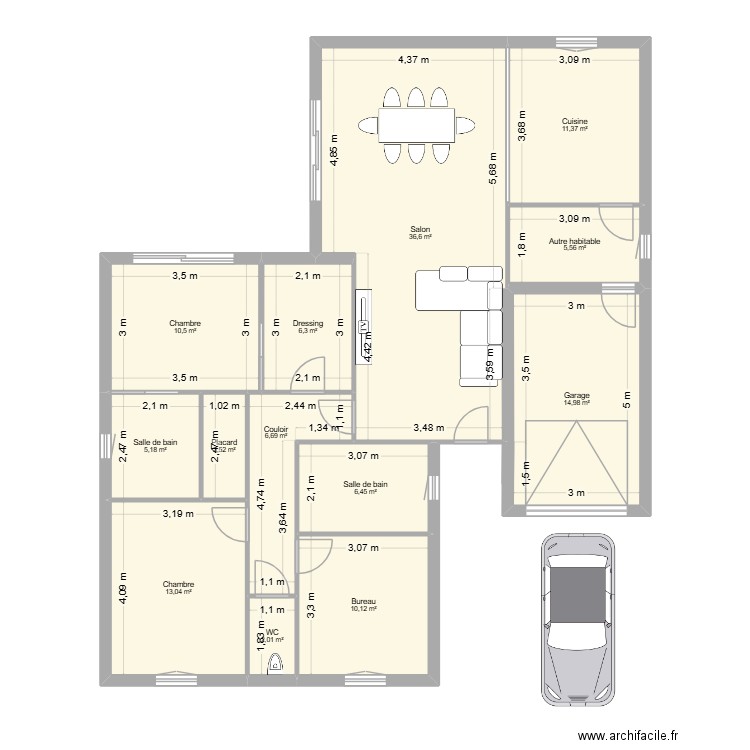 Maison 2 - 1 garage. Plan de 13 pièces et 131 m2