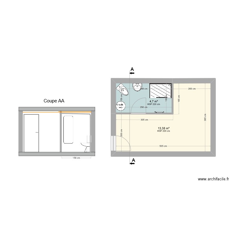 Altzaenia SdB rez-de-jardin. Plan de 2 pièces et 18 m2