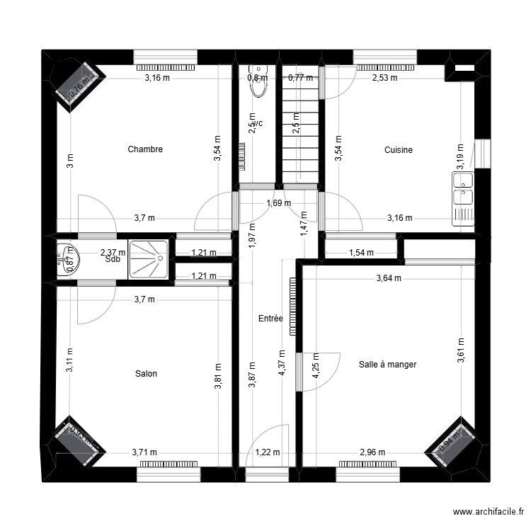 Plan Rdc - Existant - Villeneuve. Plan de 14 pièces et 68 m2