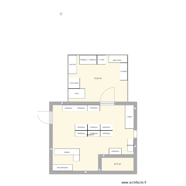 EPICERIE. Plan de 3 pièces et 50 m2
