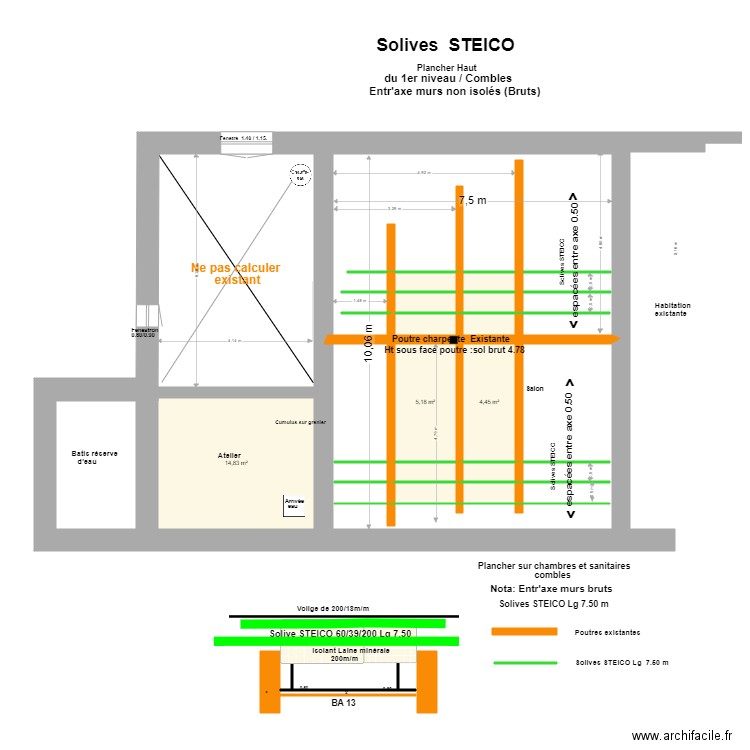 Etude Plancher Ht, 1er niveau/combles ''STEICO''*. Plan de 13 pièces et 32 m2