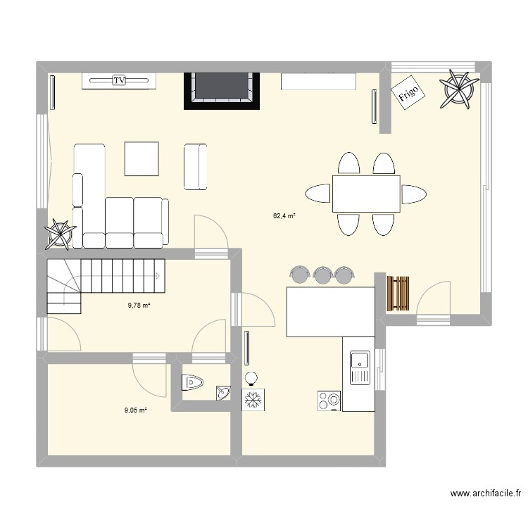 rez de chausse. Plan de 3 pièces et 81 m2