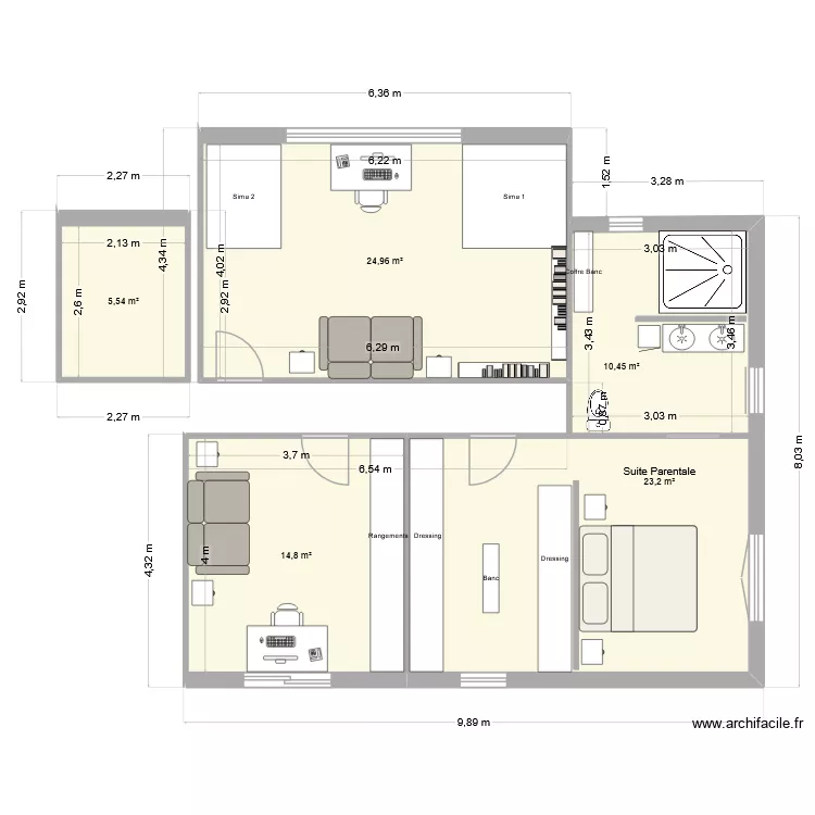 Suite parentale + 1 Chambre + Simu + sdb. Plan de 5 et 79 m² Suite parentale + 1 Chambre + Simu + sdb. Plan de 5 et 79 m²