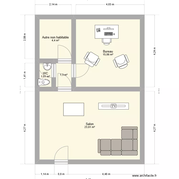 Studio V2.2. Plan de 5 Pièces et 46 m²