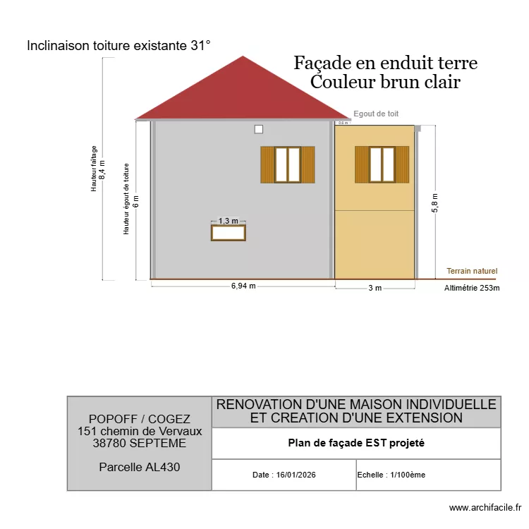 FACADE EST projet&eacute;. Plan de 