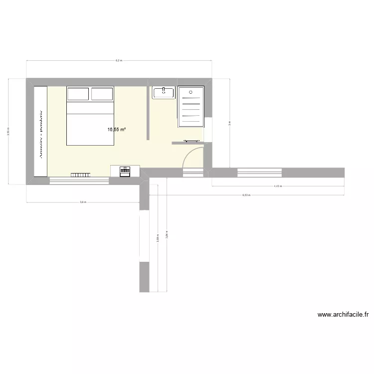 Extension 3 toit. Plan de 1  et 15 m²