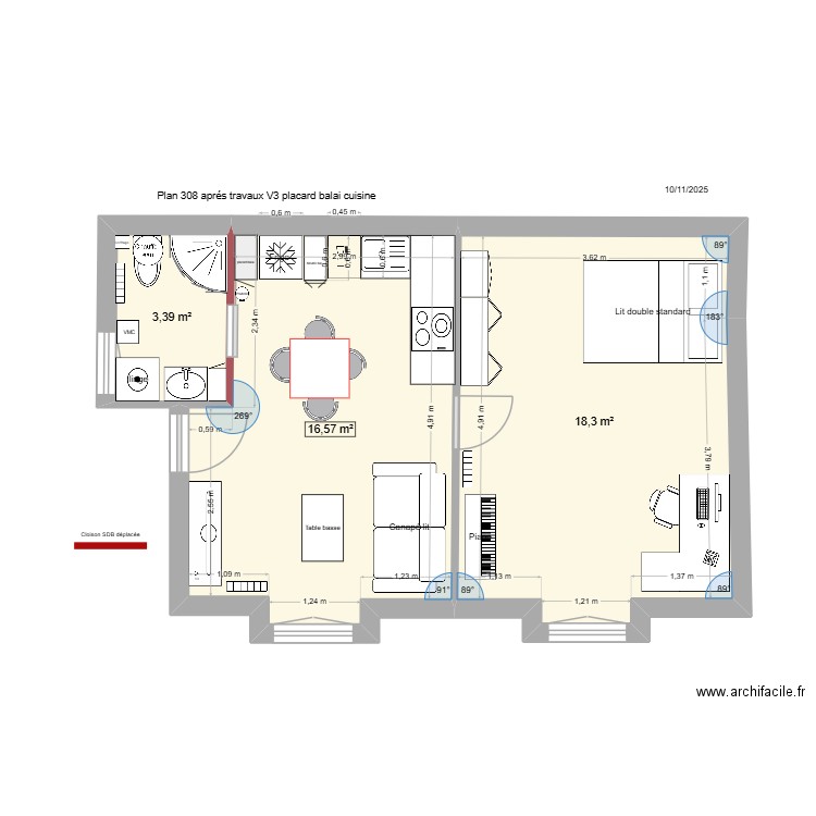 LEROY 308 après travaux V3 placard cuisine 30. Plan de 3 pièces et 38 m2