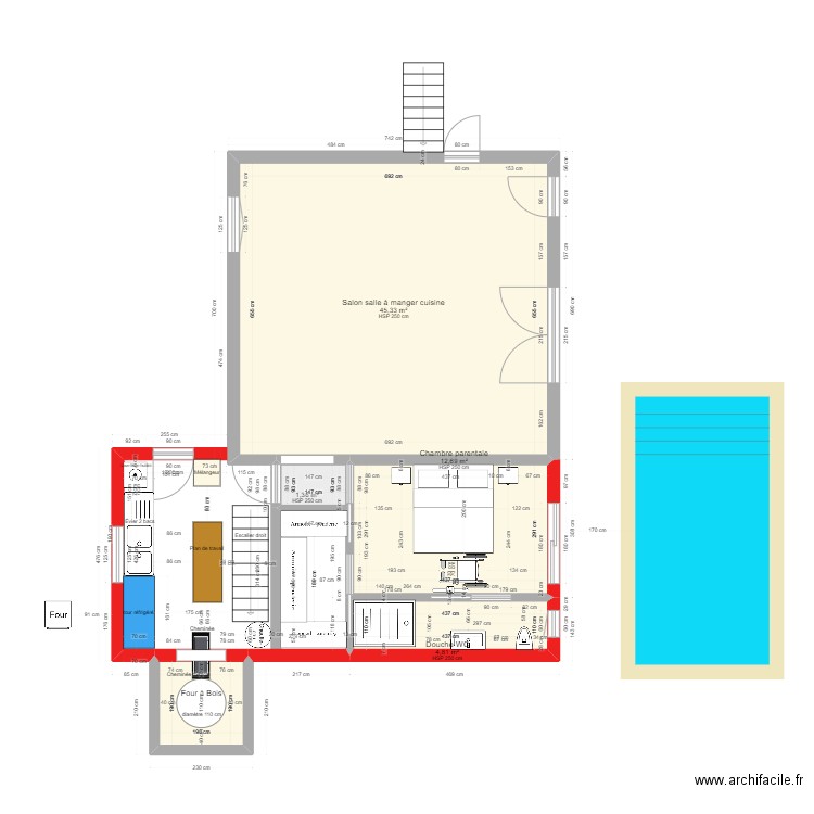 Fournil et four à bois extension maison Villerest. Plan de 5 pièces et 68 m2