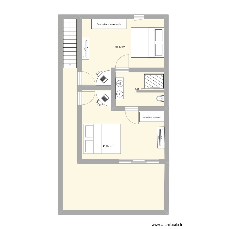 haut. Plan de 3 pièces et 64 m2