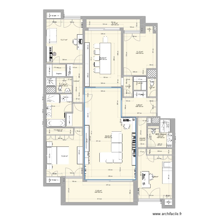 République, salon inversé. Plan de 26 pièces et 156 m2