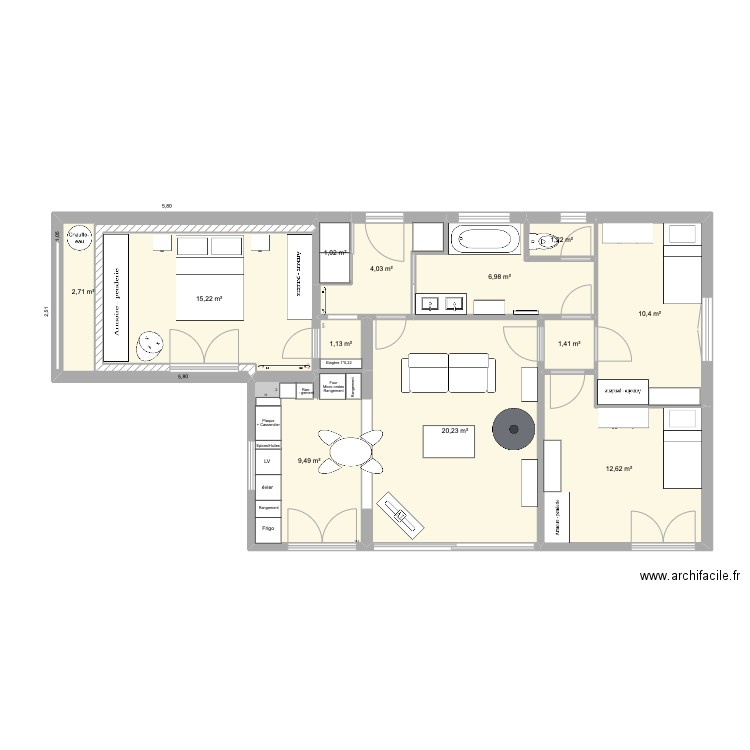 Essai salon. Plan de 12 pièces et 86 m2