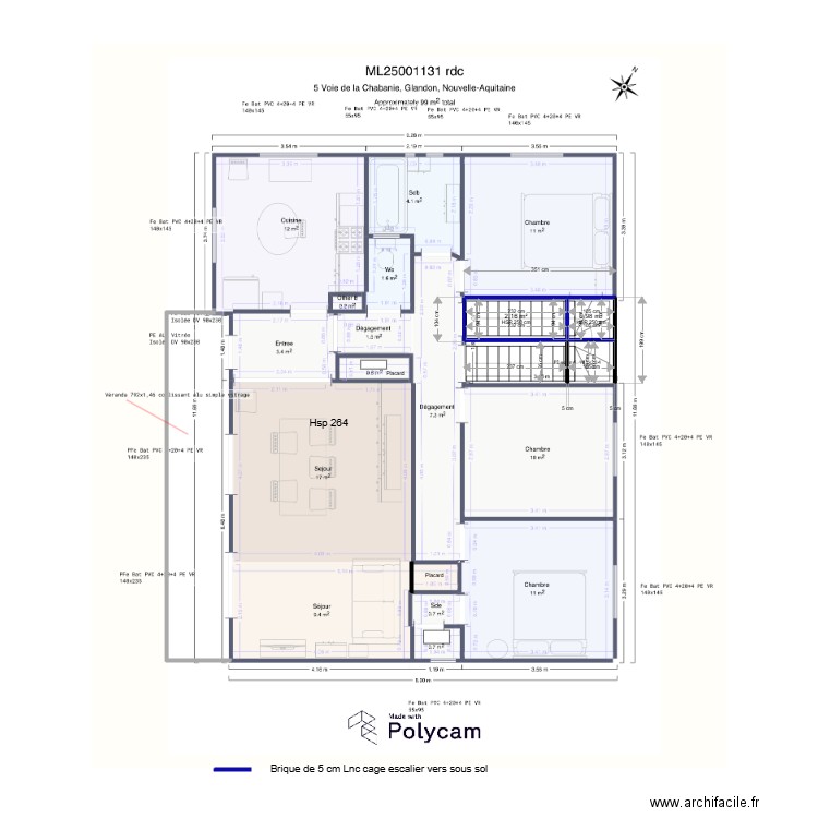 ML25001131 rdc. Plan de 2 pièces et 3 m2