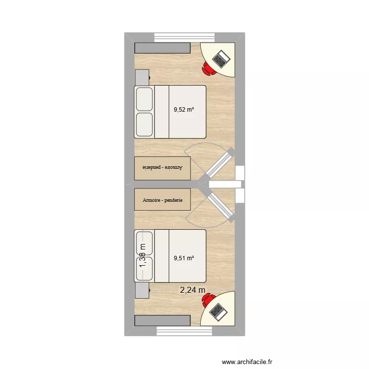 chambre Gabin Haby. Plan de 2 Pièces et 19 m²