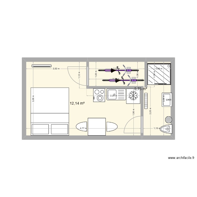 Les moutiers bis. Plan de 2 pièces et 18 m2