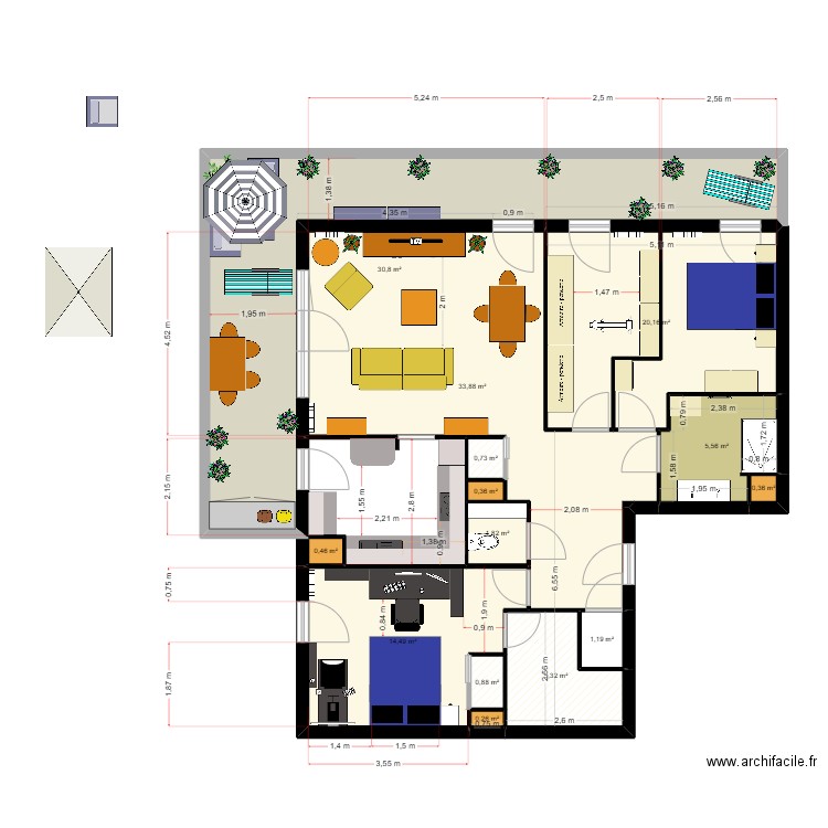 appt Mansart. Plan de 14 pièces et 116 m2