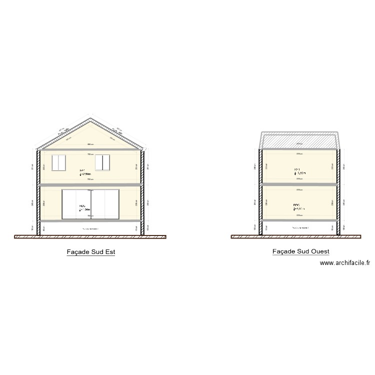 Façade Sud Est. Plan de 6 pièces et 68 m2