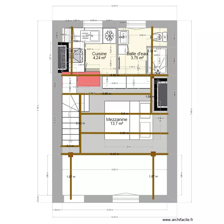PONS MEZZANINE. Plan de 3  et 22 m²