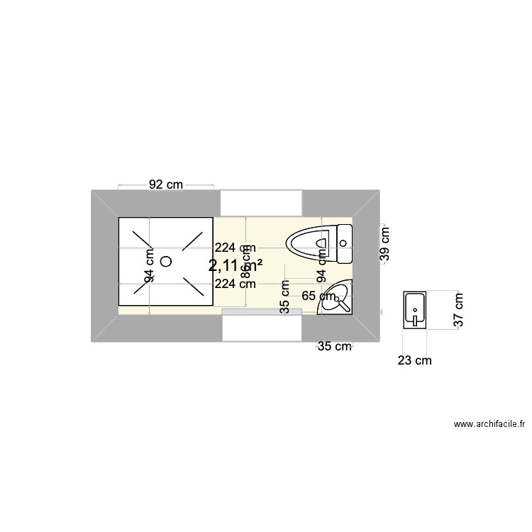 douche jaures. Plan de 1 pièce et 2 m2