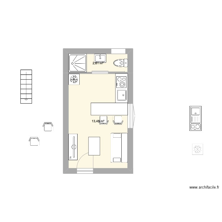 Studio Justine V1. Plan de 6 pièces et 48 m2