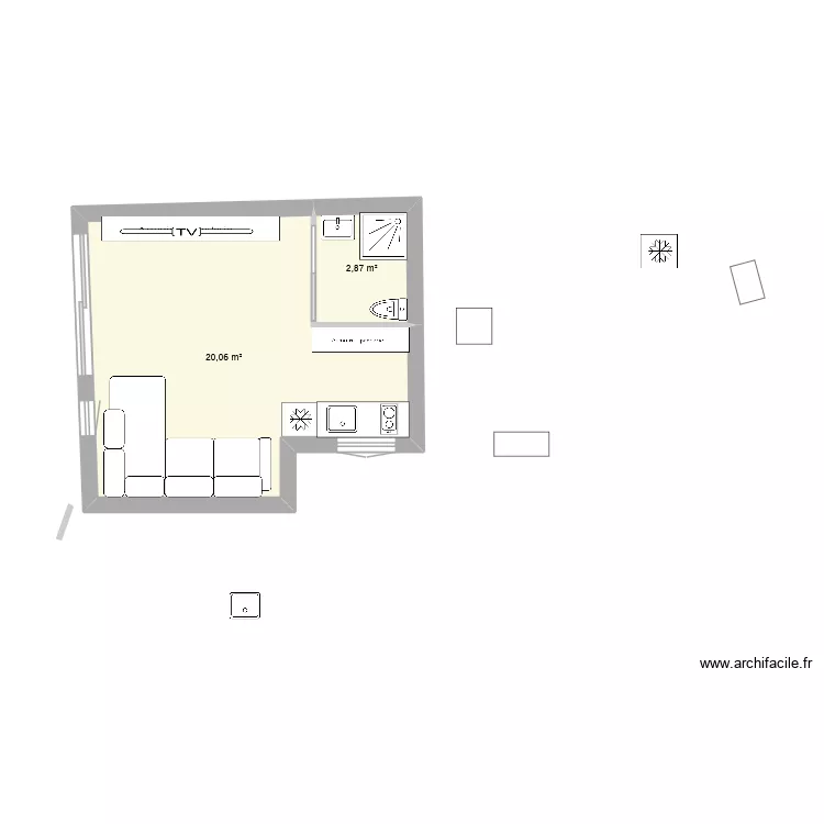 cha studette 90 bis. Plan de 2  et 23 m²